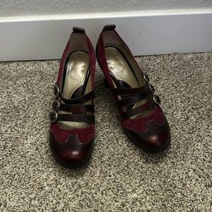 John Fluevog, 7.5 women’s heels. “operetta” 3 buckle design in rich Burgundy
